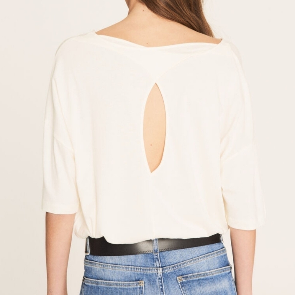 ba&sh Top Bateau Elbow Sleeve Open Back Keyhole Wrap Cotton Modal Ecru M NWT